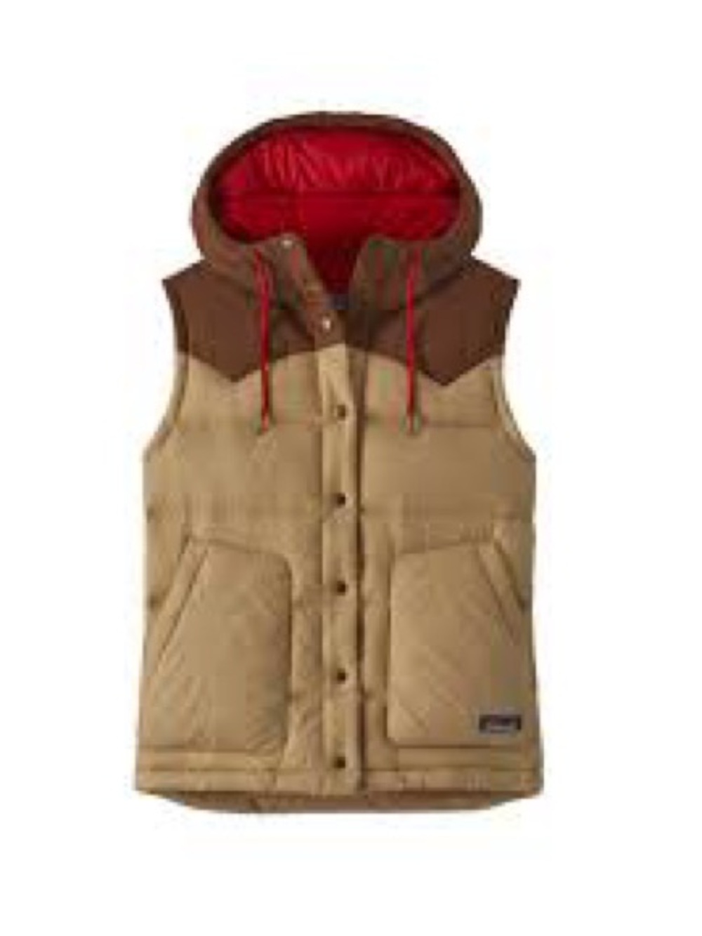 Patagonia Quilted Hooded Vest in Tan with Brown Yoke and Red Lining BIVY